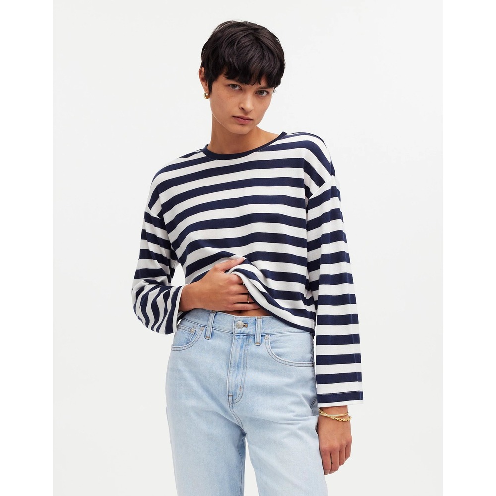 NWT‎ Madewell Drop-Shoulder Pullover Crop Tee in Stripe Nautical Long Sleeve Top